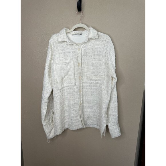 MNML‎ Womens white tan blouse medium long sleeve polyester collared button up - Picture 1 of 8